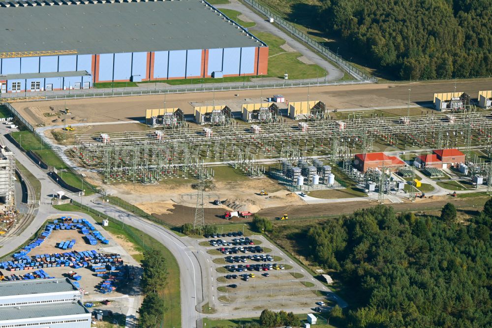 Rubenow from the bird's eye view: Site of the substation for voltage conversion and electrical power supply Umspannwerk Lubmin in Rubenow in the state Mecklenburg - Western Pomerania, Germany