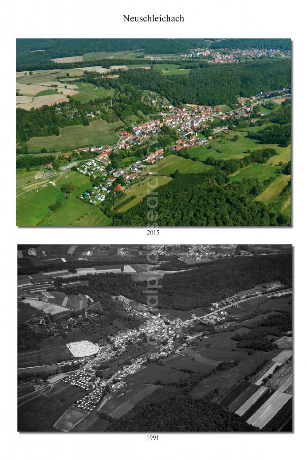 Aerial photograph Neuschleichach - 1991 and 2015 village - view change of Neuschleichach in the state Bavaria