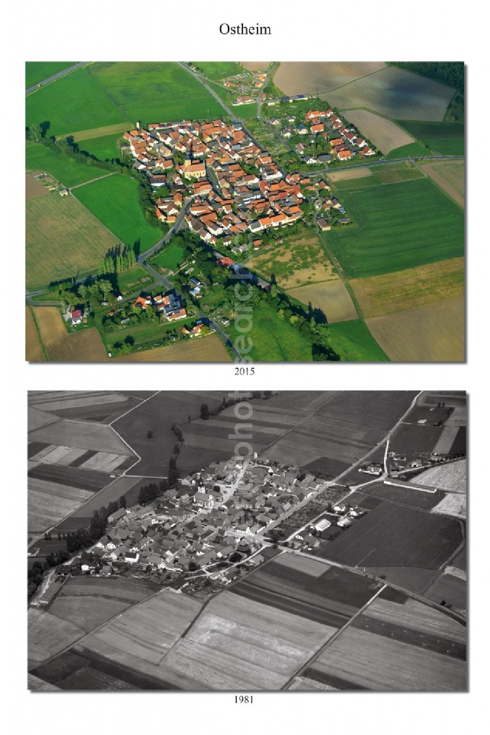Ostheim from above - 1981 and 2015 village - view change of Ostheim in the state Bavaria