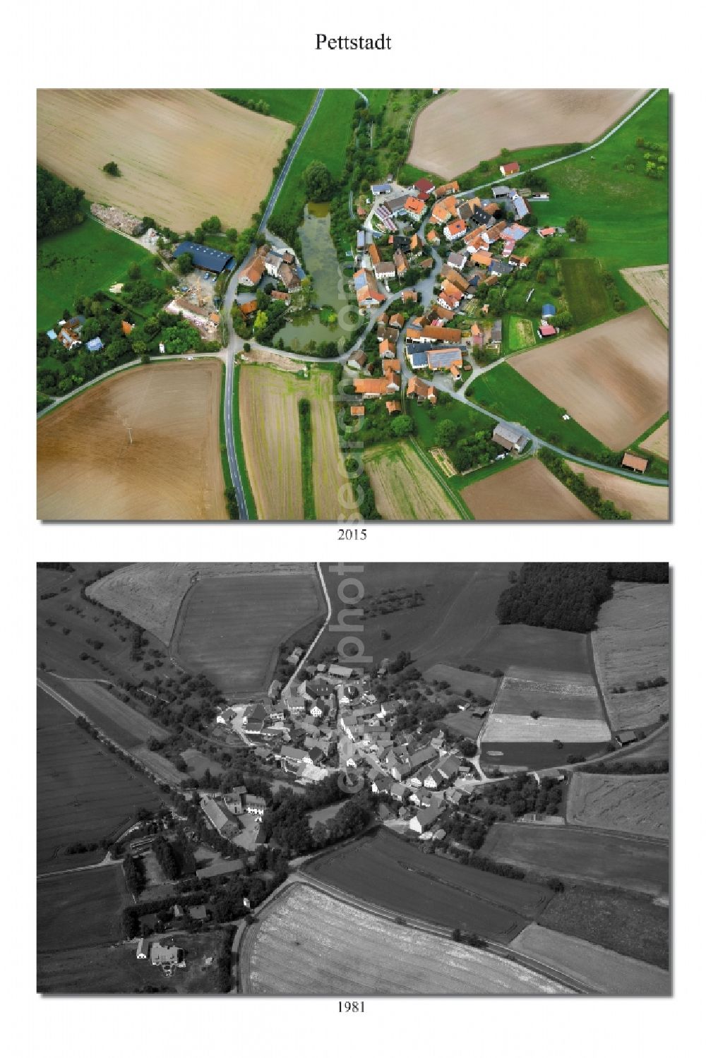 Kirchlauter from the bird's eye view: 1981 and 2015 village - view change of Pettstadt in the state Bavaria