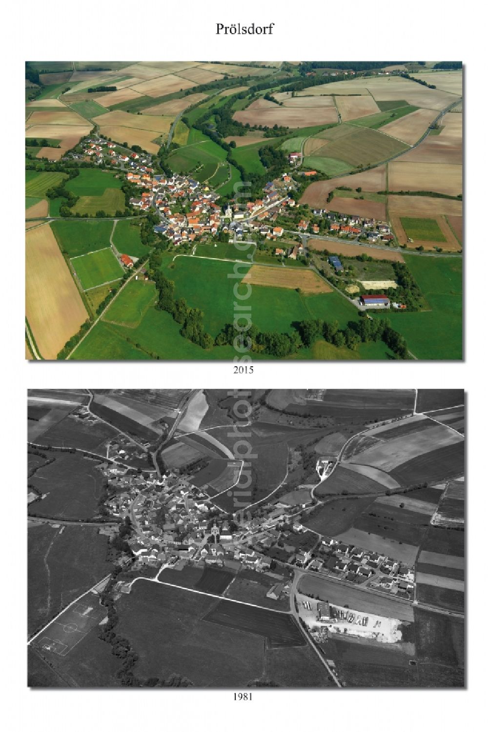 Aerial image Prölsdorf - 1981 and 2015 village - view change of Proelsdorf in the state Bavaria