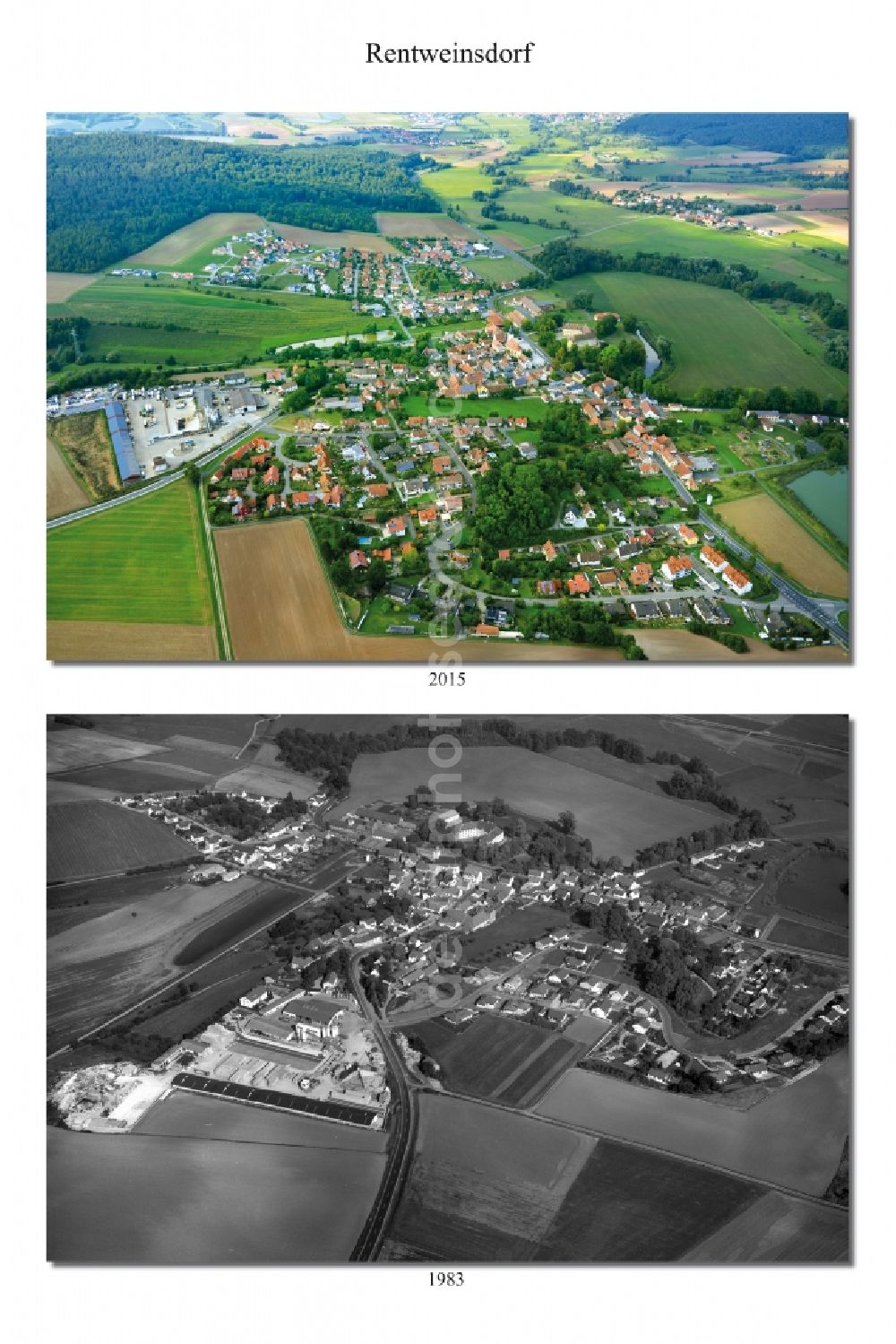 Rentweinsdorf from the bird's eye view: 1983 and 2015 village - view change of Rentweinsdorf in the state Bavaria
