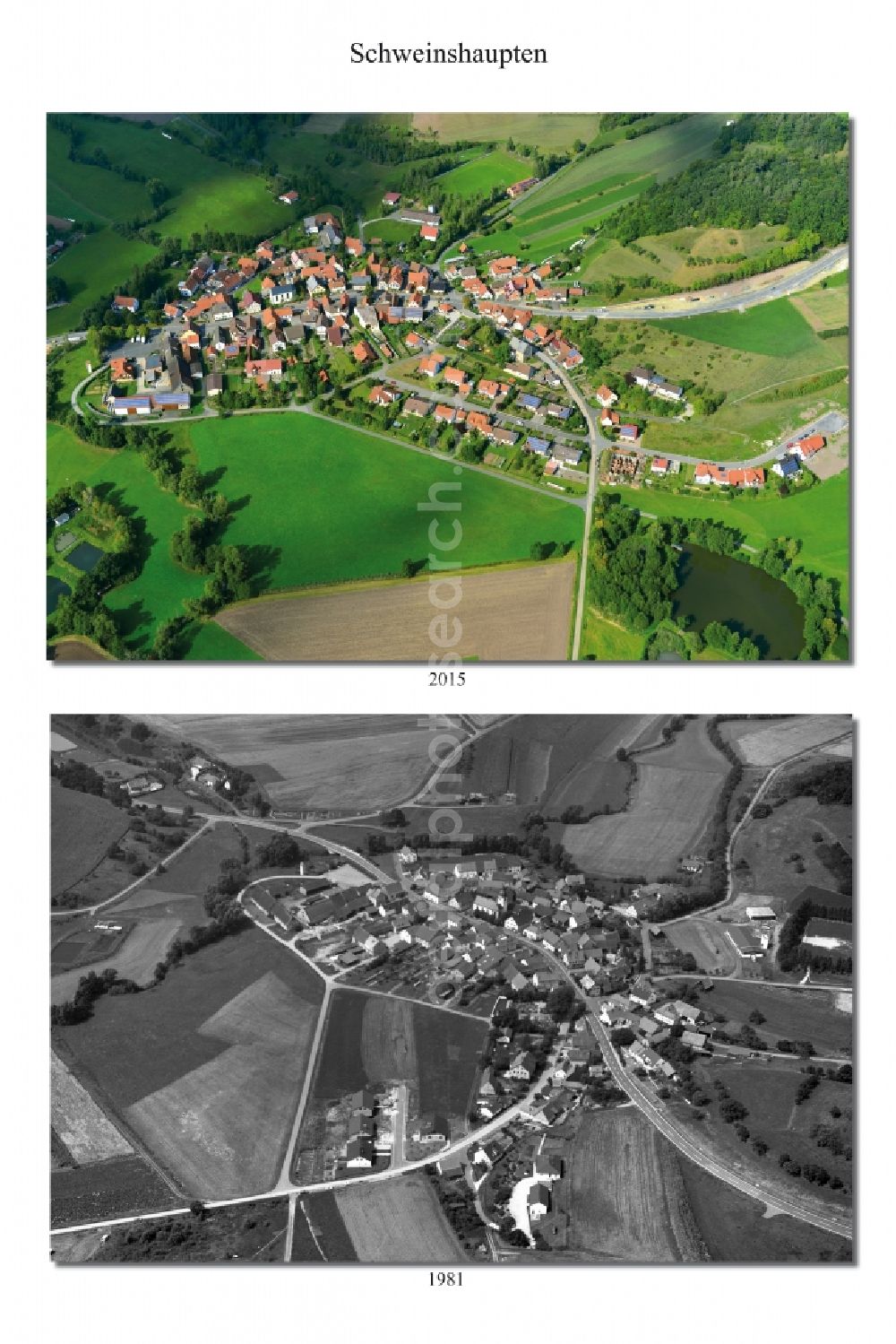 Aerial image Schweinshaupten - 1981 and 2015 village - view change of Schweinshaupten in the state Bavaria