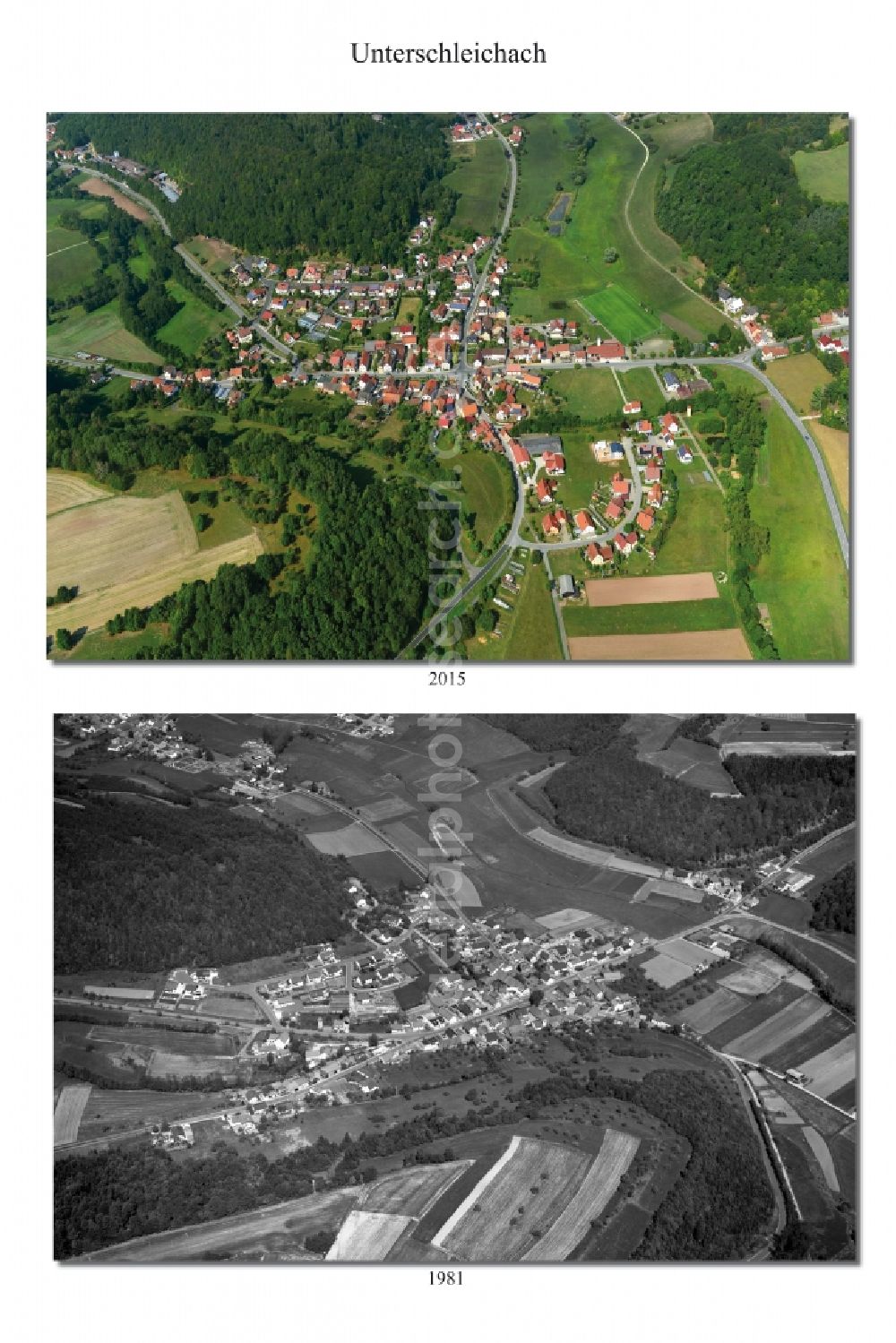 Aerial photograph Unterschleichach - 1981 and 2015 village - view change of Unterschleichach in the state Bavaria