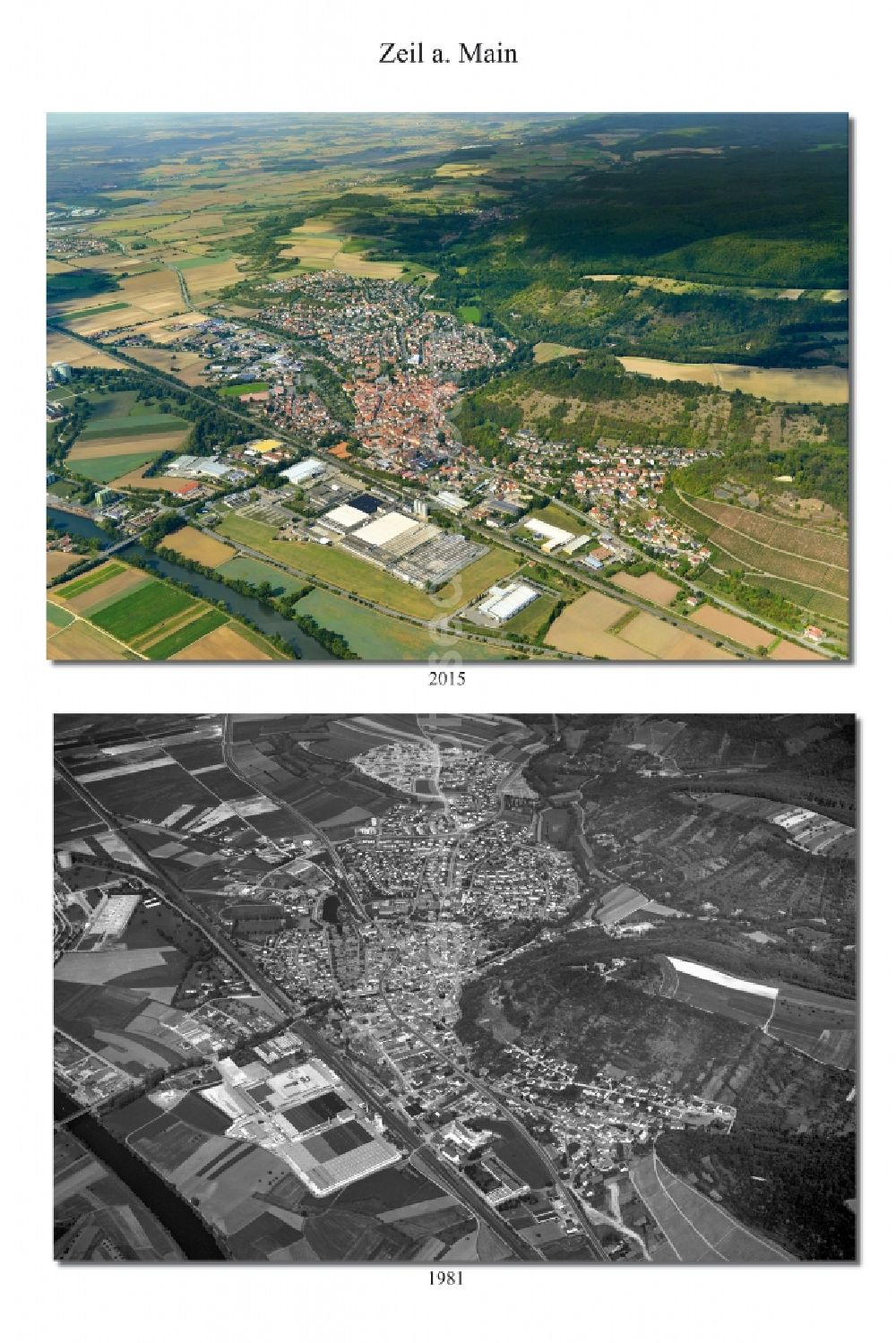 Aerial image Zeil - 1981 and 2015 village - view change of Zeil in the state Bavaria