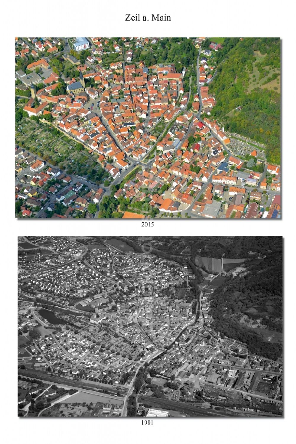 Zeil from above - 1981 and 2015 village - view change of Zeil in the state Bavaria