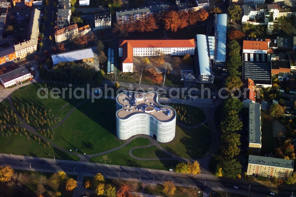 Cottbus from above - Central university library in the Information, Communication and Media Center at the campus of BTU Cottbus - Senftenberg in the state of Brandenburg