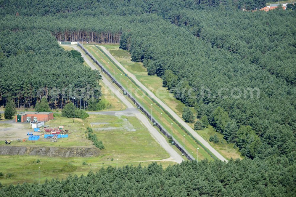 Aerial image Gorleben - Safety fence at the underground storage facility for radioactive waste and fuel rods on street Rottlebener Weg in Gorleben in the state Lower Saxony, Germany