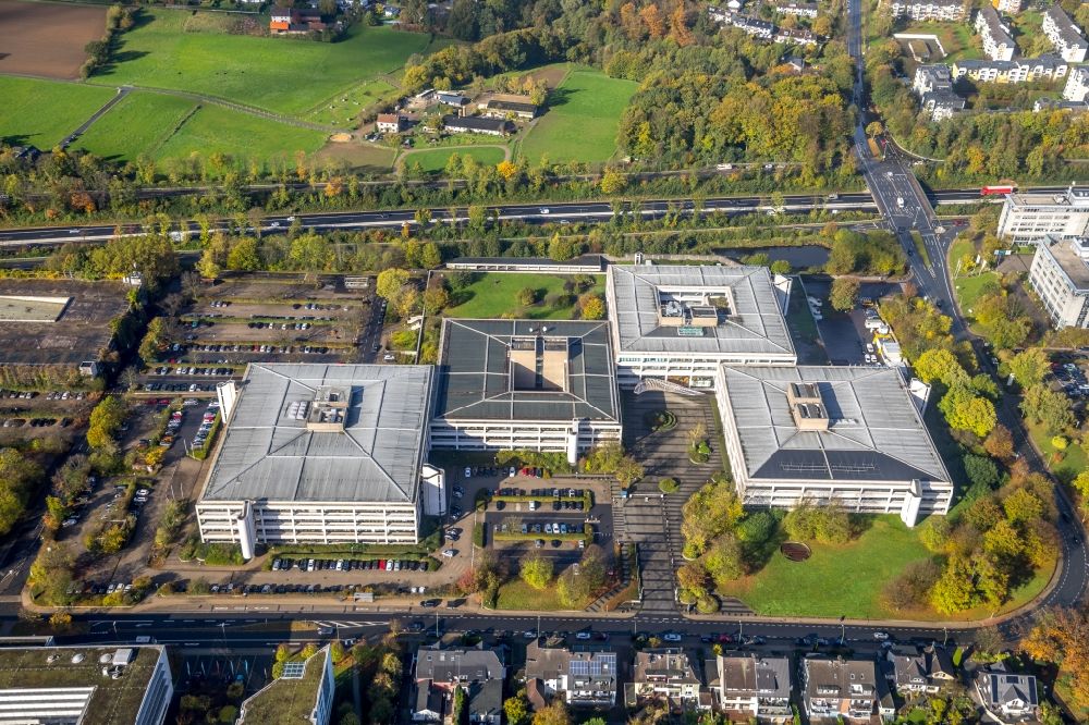 Essen from above - Administration building of the company Karstadt Warenhaus GmbH on Theodor-Althoff-Strasse in Essen in the state North Rhine-Westphalia, Germany
