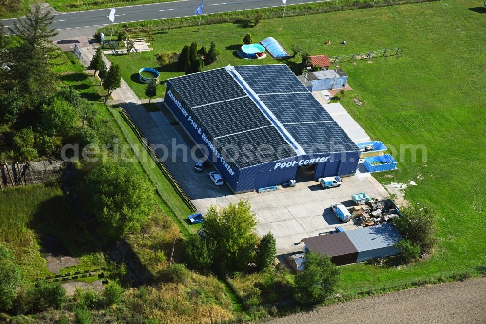 Zieko from the bird's eye view: Administration building of the company of Anhaltiner Pool- & Wellness-Center in Zieko in the state Saxony-Anhalt, Germany