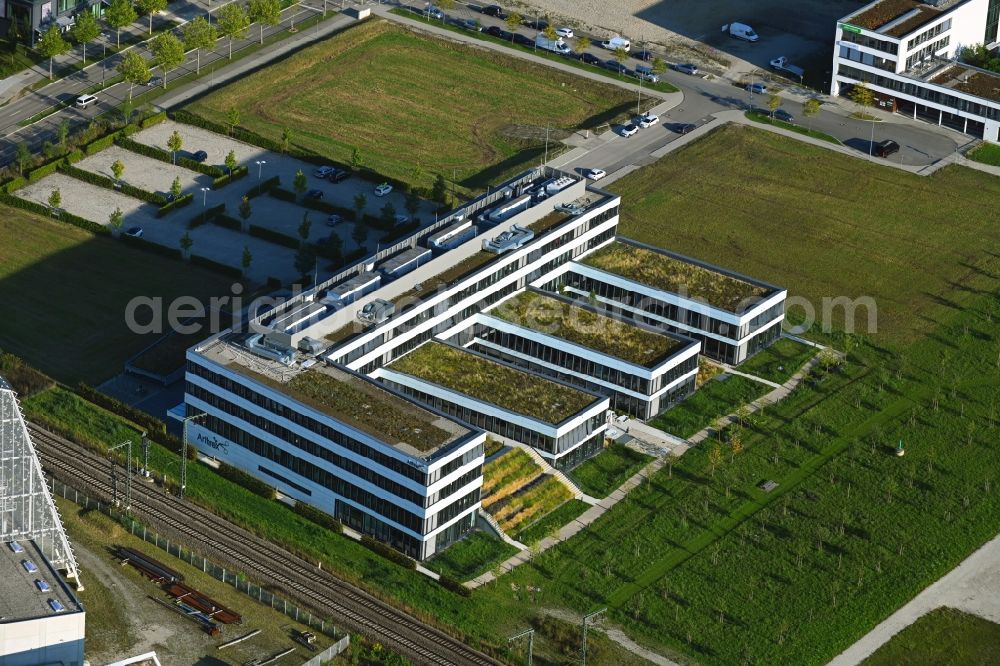 München from above - Administration building of the company of Arthrex GmbH on Erwin-Hielscher-Strasse in Munich in the state Bavaria, Germany