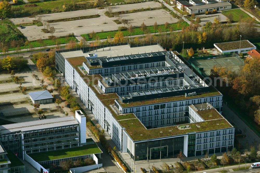 Regensburg from above - Administration building of the company of Bayernwerk AG on street Lilienthalstrasse in the district Westenviertel in Regensburg in the state Bavaria, Germany