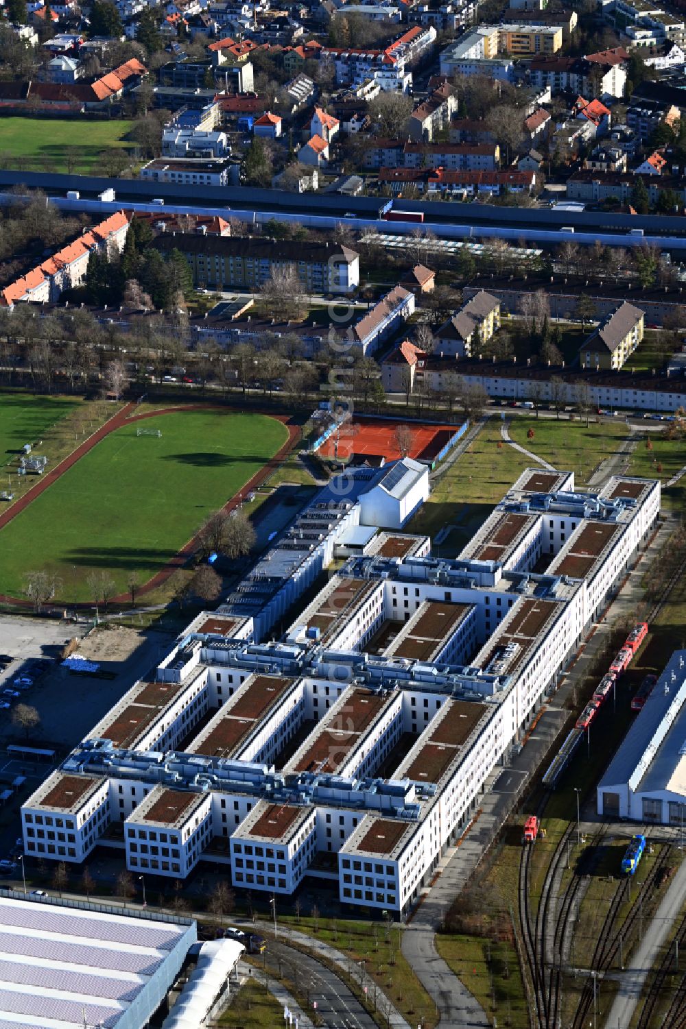 Aerial image München - Administration building of the company BMW Group Campus on street Lilienthalallee in the district Freimann in Munich in the state Bavaria, Germany