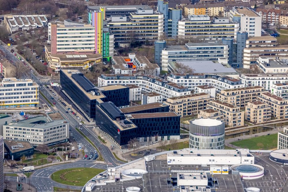 Essen from the bird's eye view: Administration building of the company of Funke Mediengruppe on Berliner Platz in Essen in the state North Rhine-Westphalia, Germany
