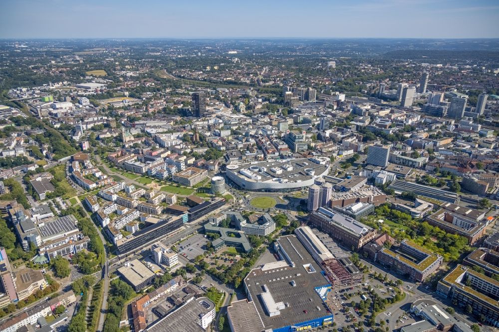 Essen from the bird's eye view: Administration building of the company of Funke Mediengruppe on Berliner Platz in Essen at Ruhrgebiet in the state North Rhine-Westphalia, Germany