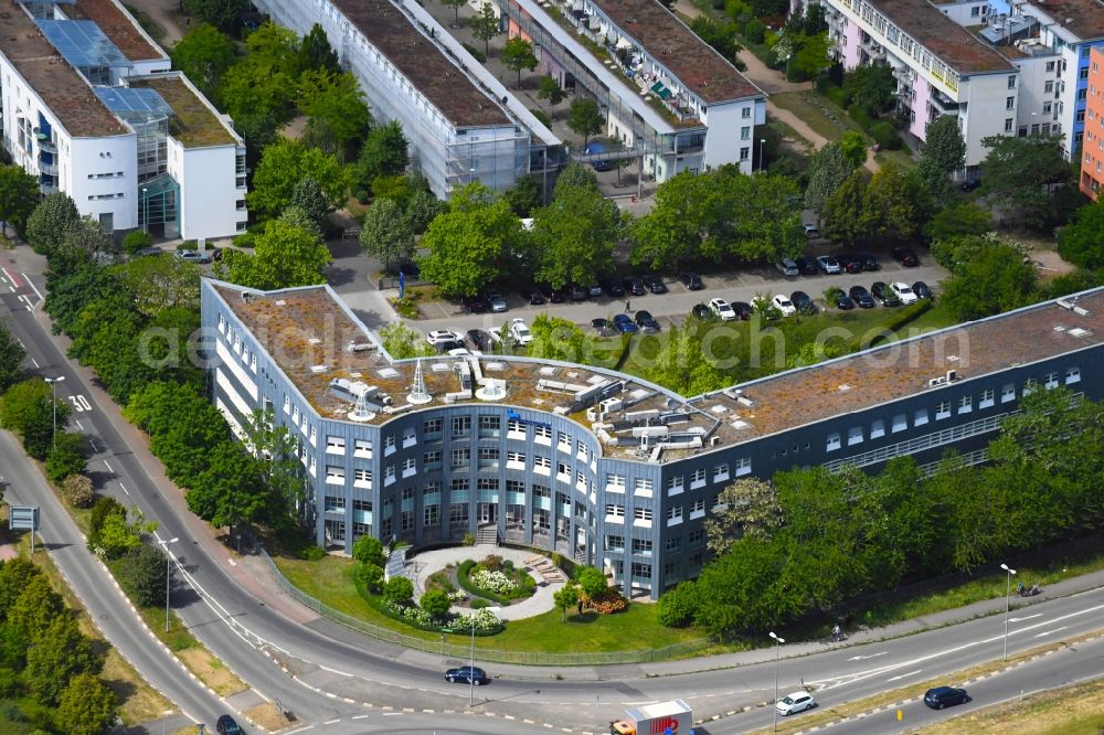 Mainz from above - Administration building of the company Novo Nordisk Pharma GmbH on Brucknerstrasse in the district Lerchenberg in Mainz in the state Rhineland-Palatinate, Germany
