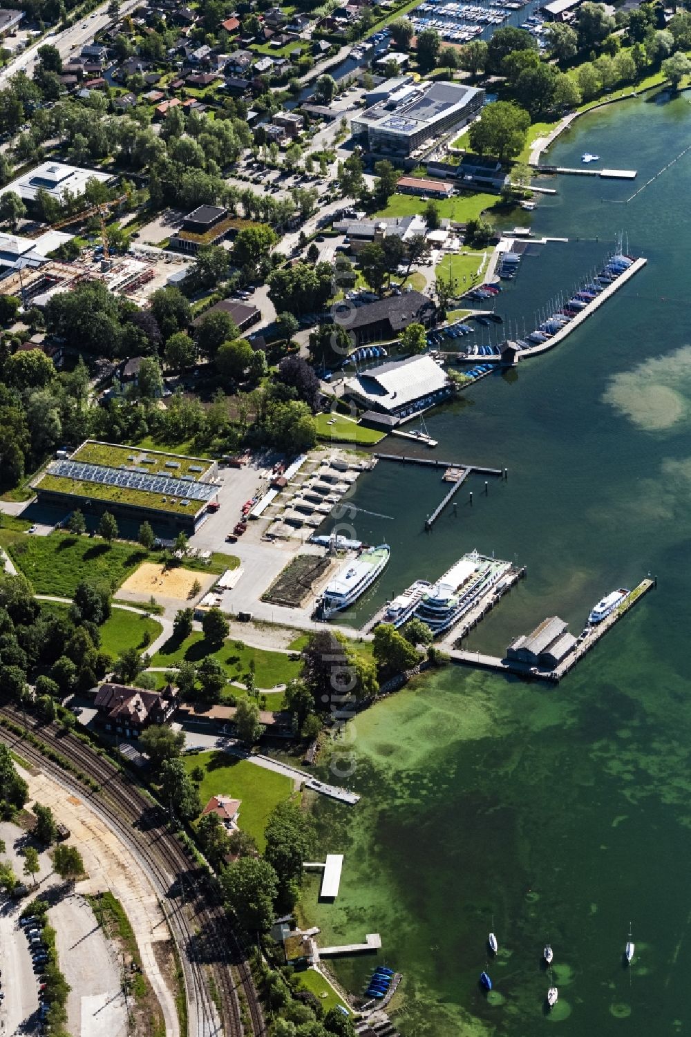 Starnberg from above - Administration building of the company of Bayerischen Seenschifffahrt on Ufer of Starnberger Sees in Starnberg in the state Bavaria, Germany
