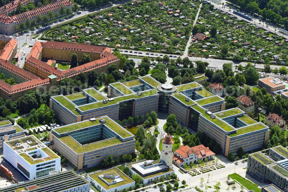 München from the bird's eye view: Administration building of the company Stadtwerke Muenchen GmbH on street Emmy-Noether-Strasse in the district Moosach in Munich in the state Bavaria, Germany