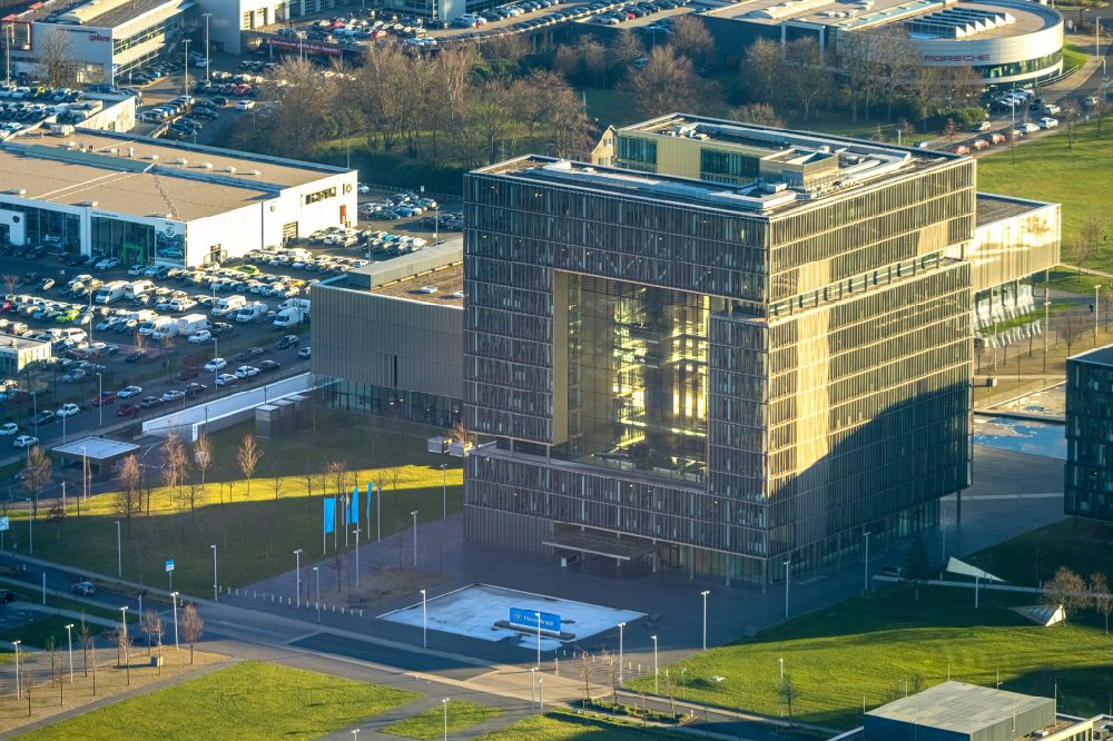 Essen from the bird's eye view: Administration building of the company of Thyssenkrupp AG Building ensemble Krupp - Guertel in Krupp Park on Altendorfer Strasse at the corner of Berthold-Beitz-Boulevard in the district Westviertel in Essen at Ruhrgebiet in the state North Rhine-Westphalia, Germany