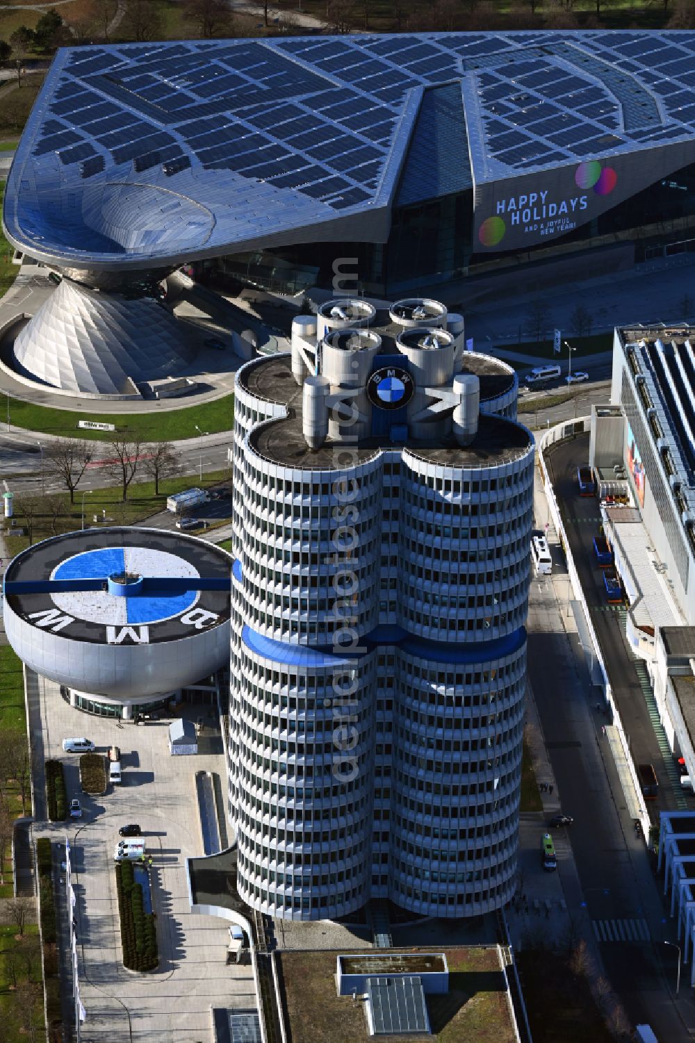 München from above - Administration building of the company Vierzylinof of BMW AG in the district Milbertshofen-Am Hart in Munich in the state Bavaria, Germany