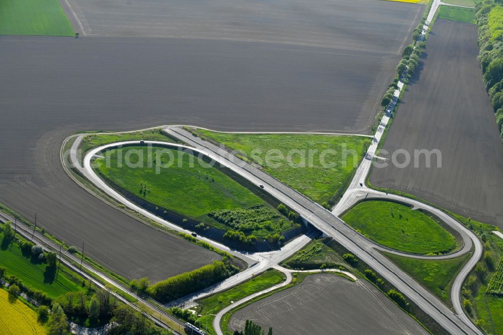 Aerial image Seerhausen - Unfinished routing and traffic lanes during the highway exit and access the motorway A 6 to the B196 in Seerhausen in the state Saxony, Germany