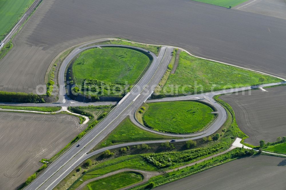 Seerhausen from the bird's eye view: Unfinished routing and traffic lanes during the highway exit and access the motorway A 6 to the B196 in Seerhausen in the state Saxony, Germany