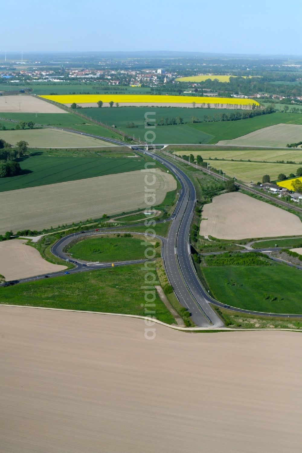 Aerial photograph Seerhausen - Unfinished routing and traffic lanes during the highway exit and access the motorway A 6 to the B196 in Seerhausen in the state Saxony, Germany