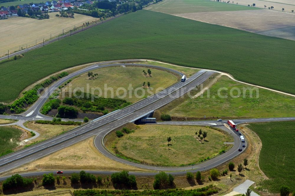 Aerial image Seerhausen - Unfinished routing and traffic lanes during the highway exit and access the motorway A 6 to the B196 in Seerhausen in the state Saxony, Germany