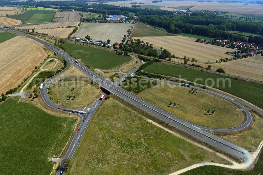 Aerial photograph Seerhausen - Unfinished routing and traffic lanes during the highway exit and access the motorway A 6 to the B196 in Seerhausen in the state Saxony, Germany