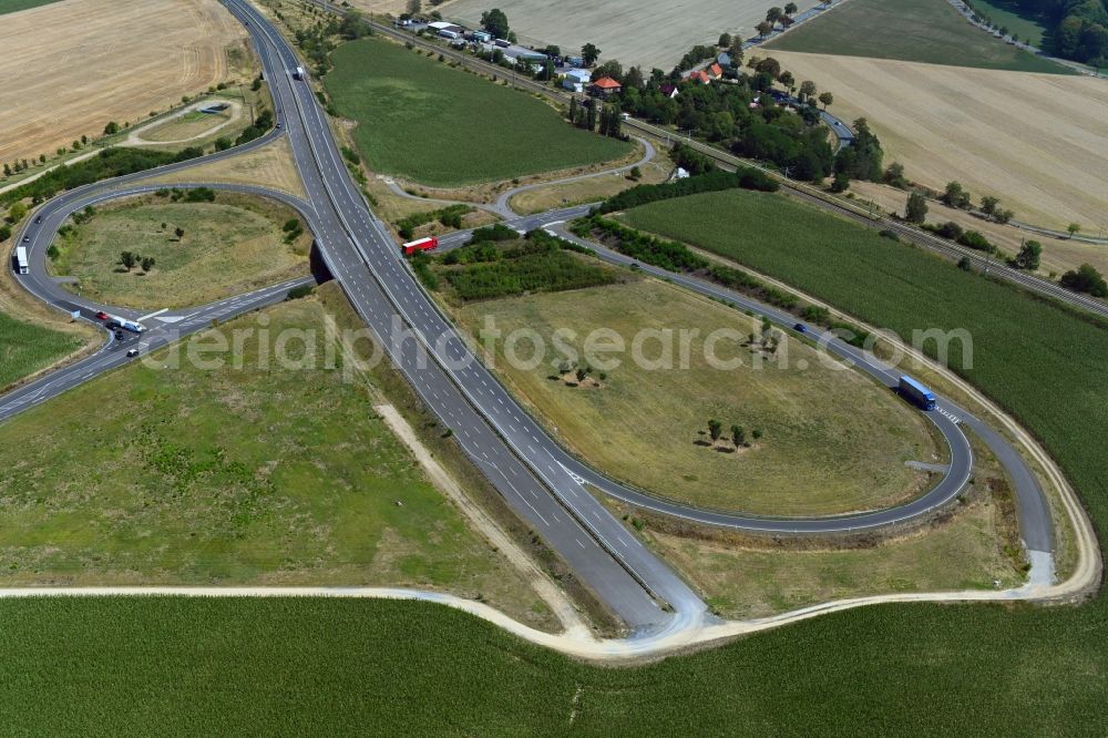 Seerhausen from above - Unfinished routing and traffic lanes during the highway exit and access the motorway A 6 to the B196 in Seerhausen in the state Saxony, Germany