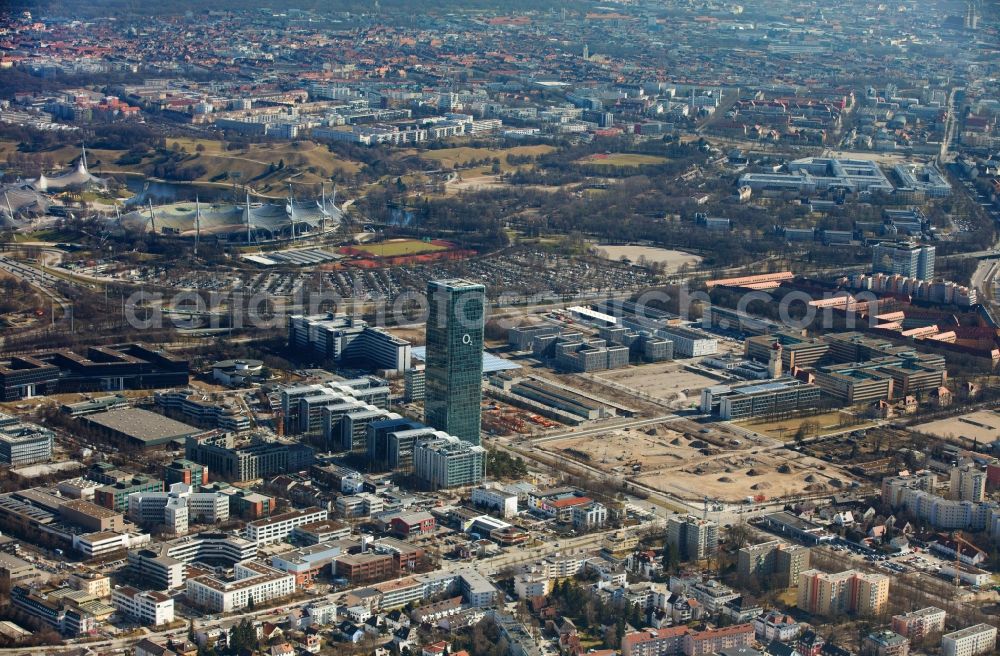 München from above - The headquarters Uptown of Telefonica Germany and Astellas Pharma on Georg Brauchle Ring in Munich in the state of Bavaria. The telecommunication company is seated in the glas tower with the 02 logo. The pharmaceutical company is in the complex with glas arches