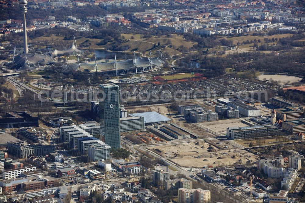 München from above - The headquarters Uptown of Telefonica Germany and Astellas Pharma on Georg Brauchle Ring in Munich in the state of Bavaria. The telecommunication company is seated in the glas tower with the 02 logo. The pharmaceutical company is in the complex with glas arches