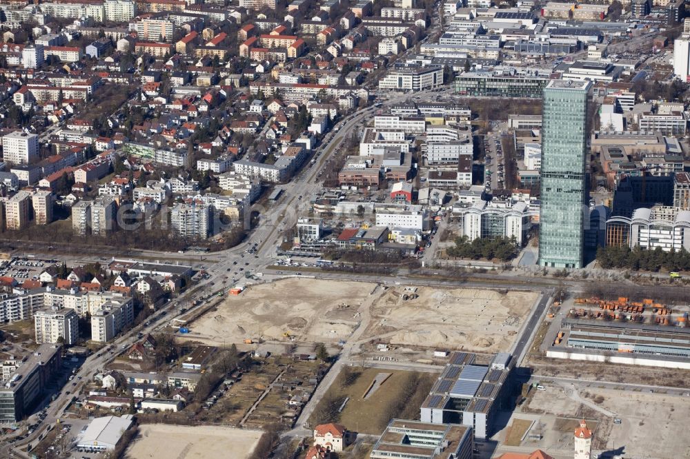 Aerial photograph München - The headquarters Uptown of Telefonica Germany and Astellas Pharma on Georg Brauchle Ring in Munich in the state of Bavaria. The telecommunication company is seated in the glas tower with the 02 logo. The pharmaceutical company is in the complex with glas arches