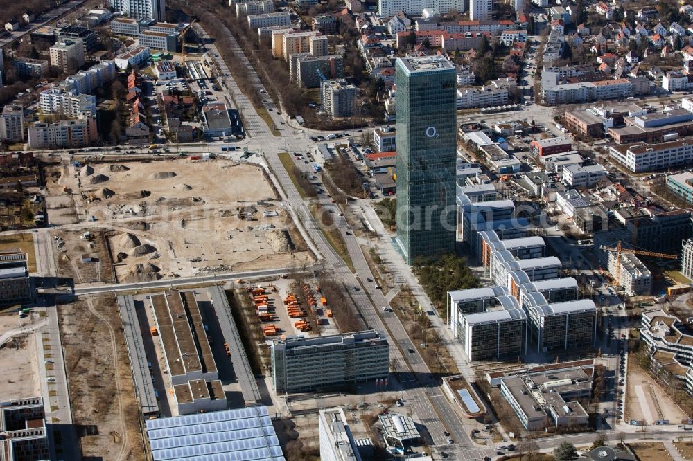 Aerial image München - The headquarters Uptown of Telefonica Germany and Astellas Pharma on Georg Brauchle Ring in Munich in the state of Bavaria. The telecommunication company is seated in the glas tower with the 02 logo. The pharmaceutical company is in the complex with glas arches