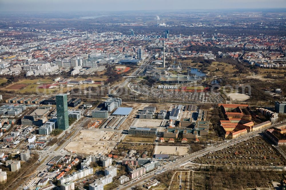 Aerial photograph München - The headquarters Uptown of Telefonica Germany and Astellas Pharma on Georg Brauchle Ring in Munich in the state of Bavaria. The telecommunication company is seated in the glas tower with the 02 logo. The pharmaceutical company is in the complex with glas arches