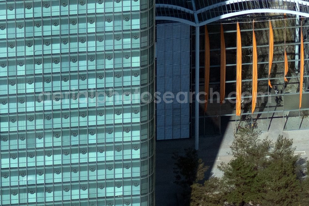 Aerial image München - The headquarters Uptown of Telefonica Germany and Astellas Pharma on Georg Brauchle Ring in Munich in the state of Bavaria. The telecommunication company is seated in the glas tower with the 02 logo. The pharmaceutical company is in the complex with glas arches