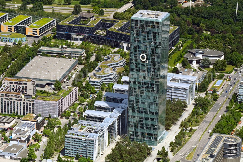 München from the bird's eye view: Uptown high-rise building - headquarters of Telefonica Germany (O2) and Astellas Pharma GmbH on Georg-Brauchle-Ring in the Moosach district of Munich in the state of Bavaria