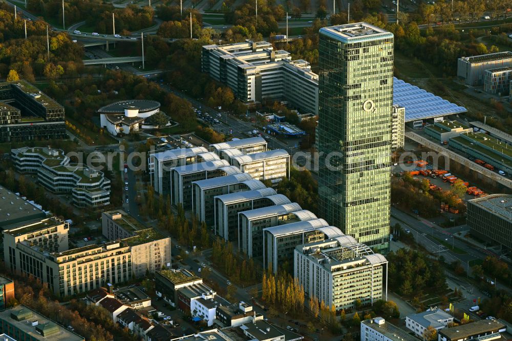 München from above - Uptown high-rise building - headquarters of Telefonica Germany (O2) and Astellas Pharma GmbH on Georg-Brauchle-Ring in the Moosach district of Munich in the state of Bavaria
