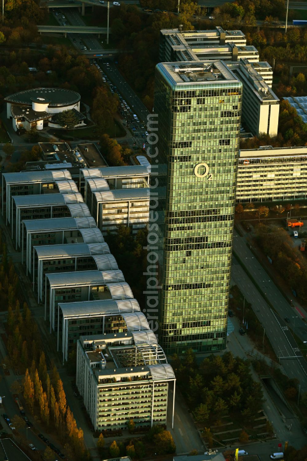 Aerial image München - Uptown high-rise building - headquarters of Telefonica Germany (O2) and Astellas Pharma GmbH on Georg-Brauchle-Ring in the Moosach district of Munich in the state of Bavaria