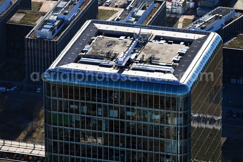 München from the bird's eye view: Uptown high-rise building - headquarters of Telefonica Germany (O2) and Astellas Pharma GmbH on Georg-Brauchle-Ring in the Moosach district of Munich in the state of Bavaria