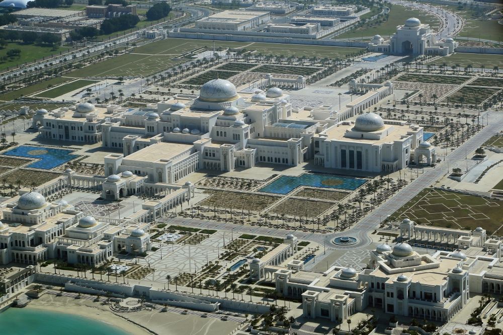Aerial image Abu Dhabi - UAE Presidential Palace on the peninsula Ras al Akhdar in the Persian Gulf in Abu Dhabi in United Arab Emirates