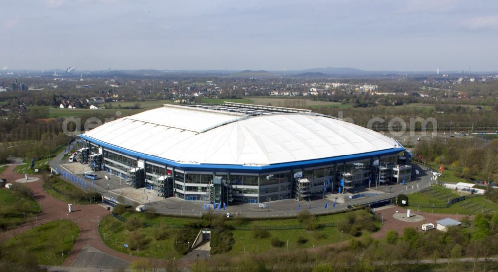 Aerial photograph Gelsenkirchen - Veltins arena football stadium in Gelsenkirchen in the state North Rhine-Westphalia, Germany