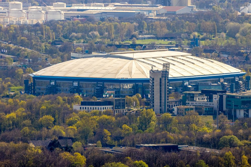 Aerial photograph Gelsenkirchen - Veltins arena football stadium in Gelsenkirchen in the state North Rhine-Westphalia, Germany