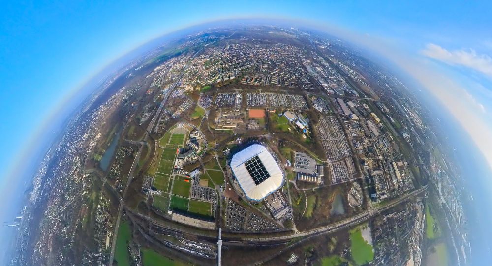 Aerial photograph Gelsenkirchen - Veltins Arena football stadium on place Rudi-Assauer-Platz in the district Erle in Gelsenkirchen at Ruhrgebiet in the state North Rhine-Westphalia, Germany