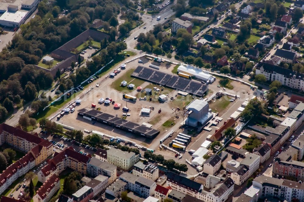 Aerial image Flensburg - Construction of a stage and stands on the event site Exe in Flensburg in the state Schleswig-Holstein, Germany