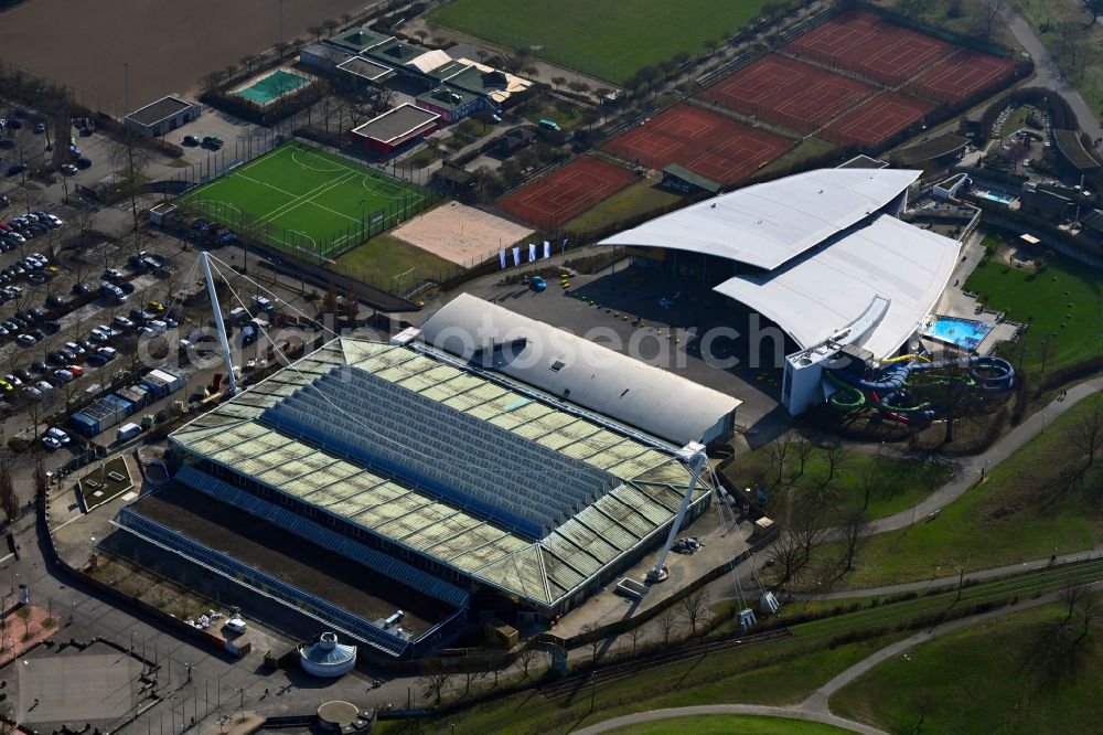 Aerial image Karlsruhe - Building of the indoor arena Europahalle on Hermann-Veit-Strasse in Karlsruhe in the state Baden-Wuerttemberg, Germany