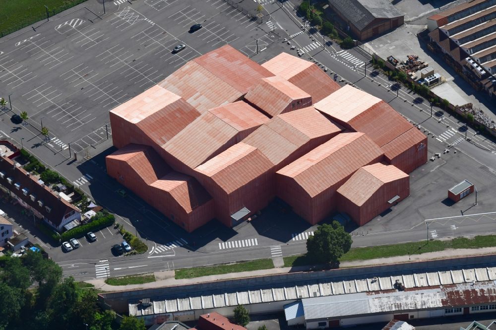 Aerial photograph Saint-Louis - Building of the indoor arena Le FORUM on Place du Forum in Saint-Louis in Grand Est, France