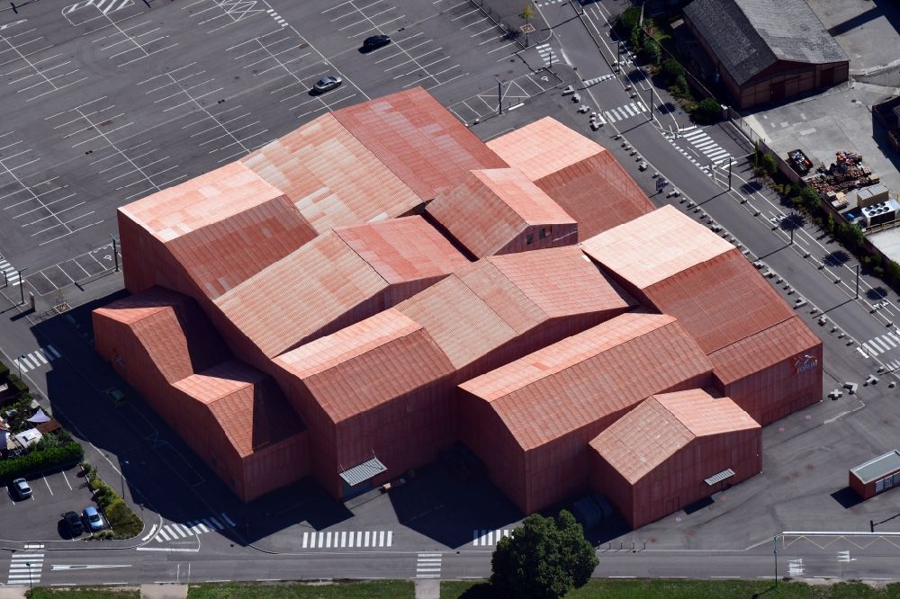 Saint-Louis from above - Building of the indoor arena Le FORUM on Place du Forum in Saint-Louis in Grand Est, France