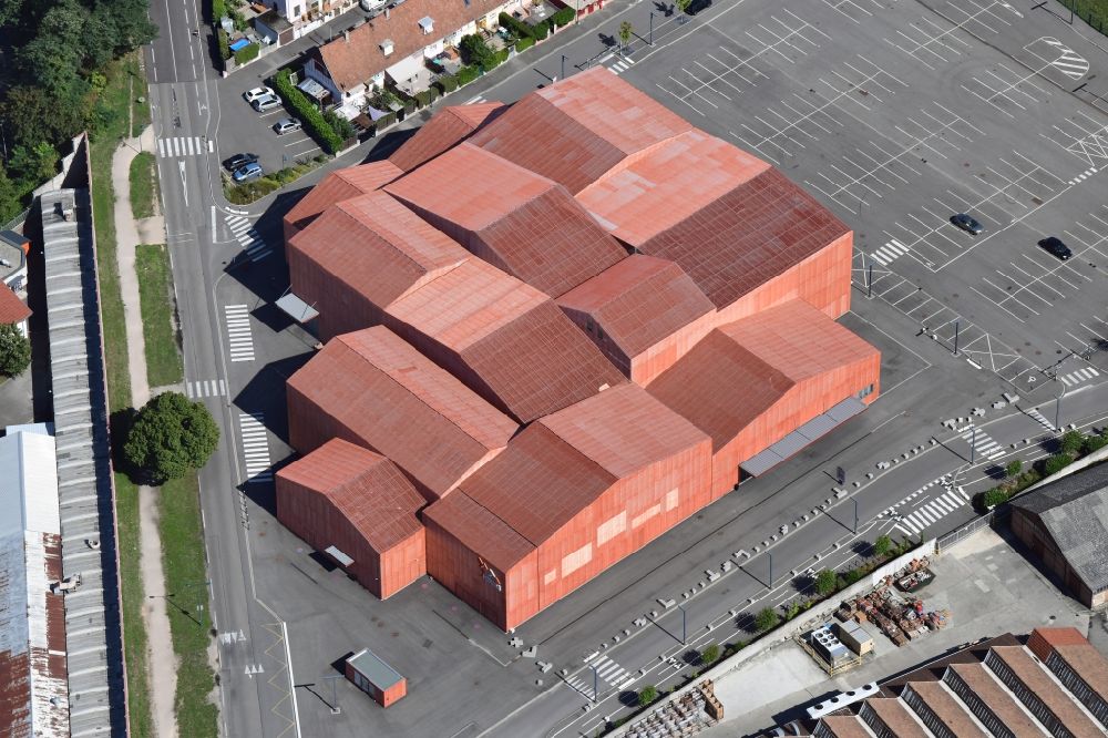Aerial image Saint-Louis - Building of the indoor arena Le FORUM on Place du Forum in Saint-Louis in Grand Est, France