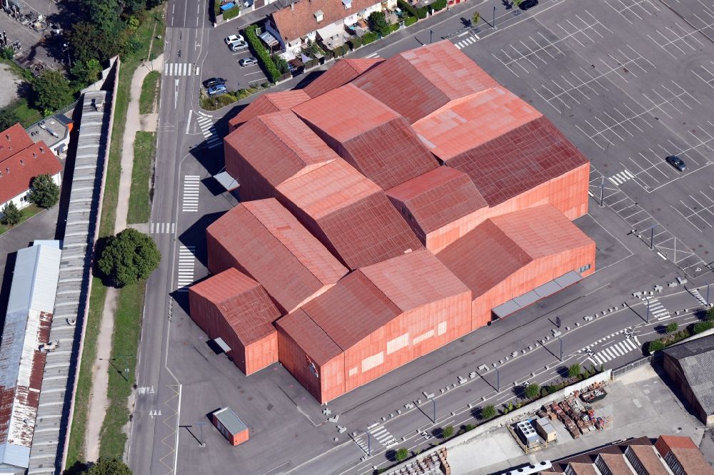 Aerial photograph Saint-Louis - Building of the indoor arena Le FORUM on Place du Forum in Saint-Louis in Grand Est, France